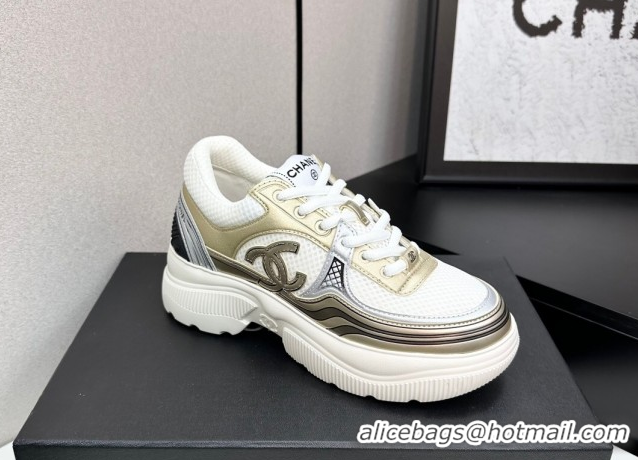 Top Design Chanel Calfskin Leather and Mesh Platform Sneakers White/Gold 2025 CH110104 1101037