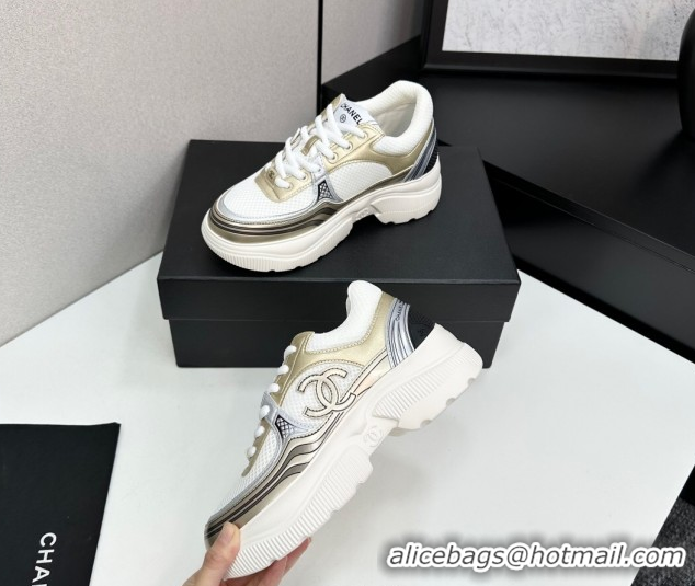 Top Design Chanel Calfskin Leather and Mesh Platform Sneakers White/Gold 2025 CH110104 1101037
