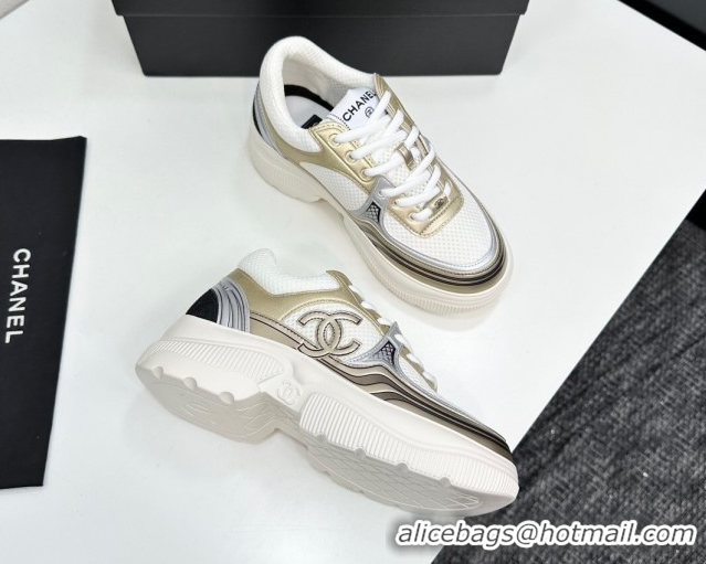 Top Design Chanel Calfskin Leather and Mesh Platform Sneakers White/Gold 2025 CH110104 1101037