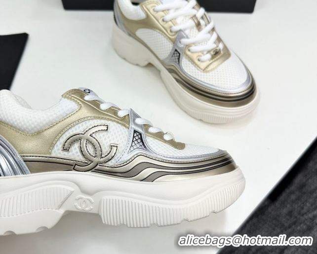 Top Design Chanel Calfskin Leather and Mesh Platform Sneakers White/Gold 2025 CH110104 1101037