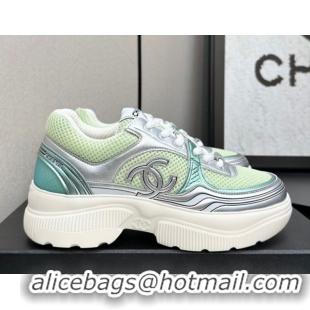 Good Quality Chanel Calfskin Leather and Mesh Platform Sneakers Green/Silver 2025 CH110104 1101038