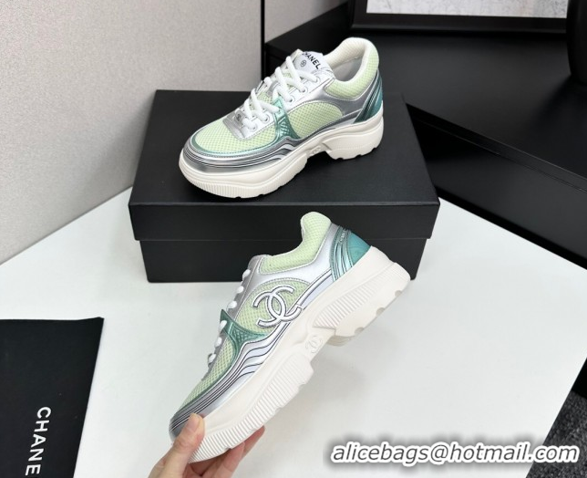 Good Quality Chanel Calfskin Leather and Mesh Platform Sneakers Green/Silver 2025 CH110104 1101038