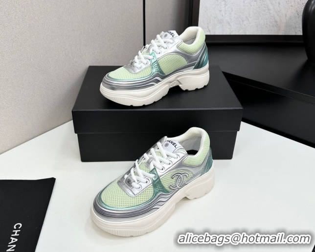 Good Quality Chanel Calfskin Leather and Mesh Platform Sneakers Green/Silver 2025 CH110104 1101038