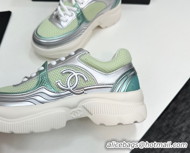 Good Quality Chanel Calfskin Leather and Mesh Platform Sneakers Green/Silver 2025 CH110104 1101038