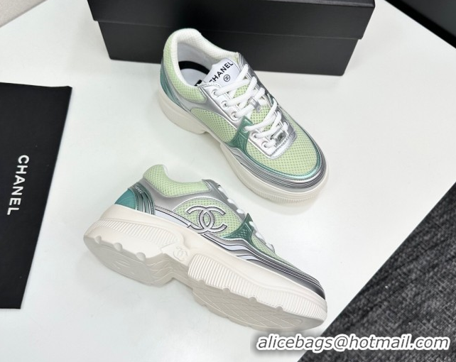 Good Quality Chanel Calfskin Leather and Mesh Platform Sneakers Green/Silver 2025 CH110104 1101038