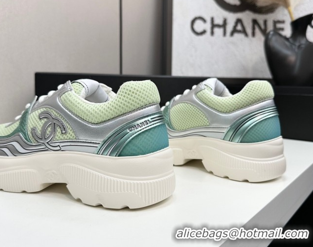 Good Quality Chanel Calfskin Leather and Mesh Platform Sneakers Green/Silver 2025 CH110104 1101038