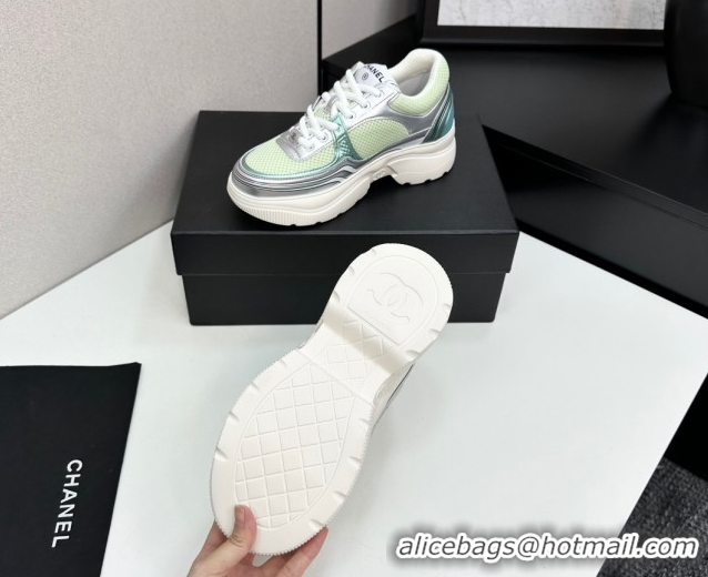 Good Quality Chanel Calfskin Leather and Mesh Platform Sneakers Green/Silver 2025 CH110104 1101038