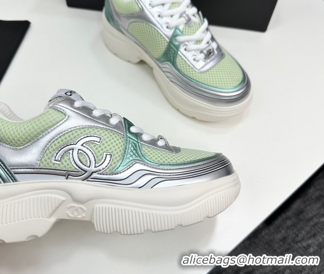 Good Quality Chanel Calfskin Leather and Mesh Platform Sneakers Green/Silver 2025 CH110104 1101038