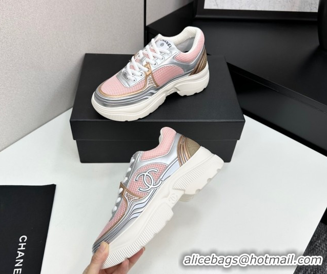 Unique Style Chanel Calfskin Leather and Mesh Platform Sneakers Pink/Silver 2025 CH110104 1101039
