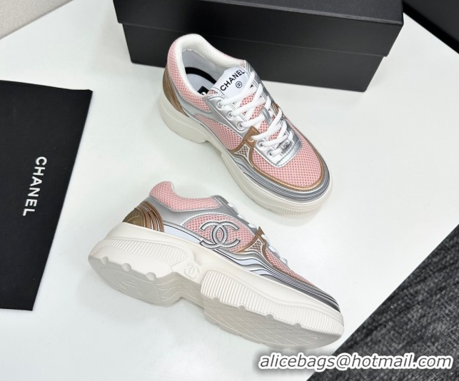 Unique Style Chanel Calfskin Leather and Mesh Platform Sneakers Pink/Silver 2025 CH110104 1101039