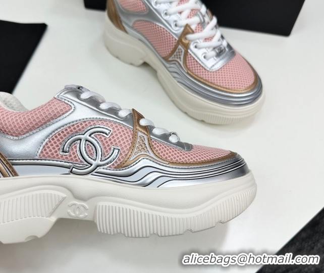 Unique Style Chanel Calfskin Leather and Mesh Platform Sneakers Pink/Silver 2025 CH110104 1101039