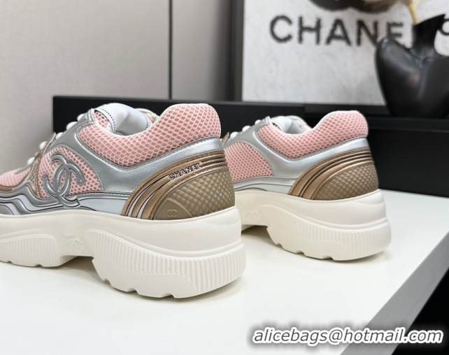 Unique Style Chanel Calfskin Leather and Mesh Platform Sneakers Pink/Silver 2025 CH110104 1101039