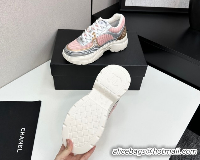 Unique Style Chanel Calfskin Leather and Mesh Platform Sneakers Pink/Silver 2025 CH110104 1101039
