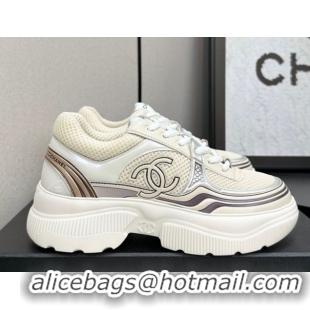 Most Popular Chanel Calfskin Leather and Mesh Platform Sneakers Beige/Silver CH110104 1101040