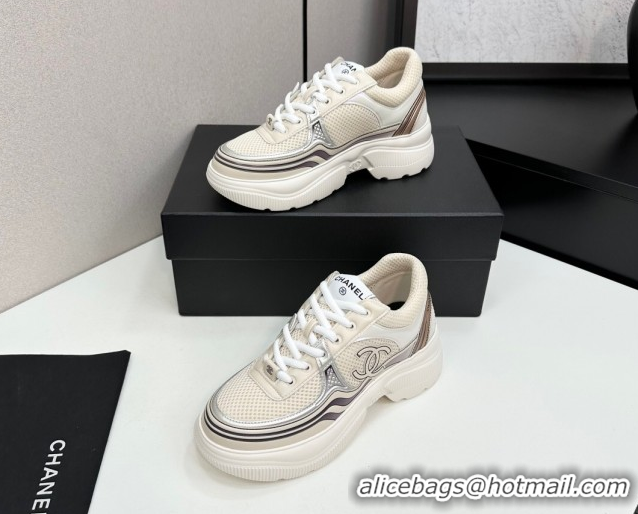 Most Popular Chanel Calfskin Leather and Mesh Platform Sneakers Beige/Silver CH110104 1101040
