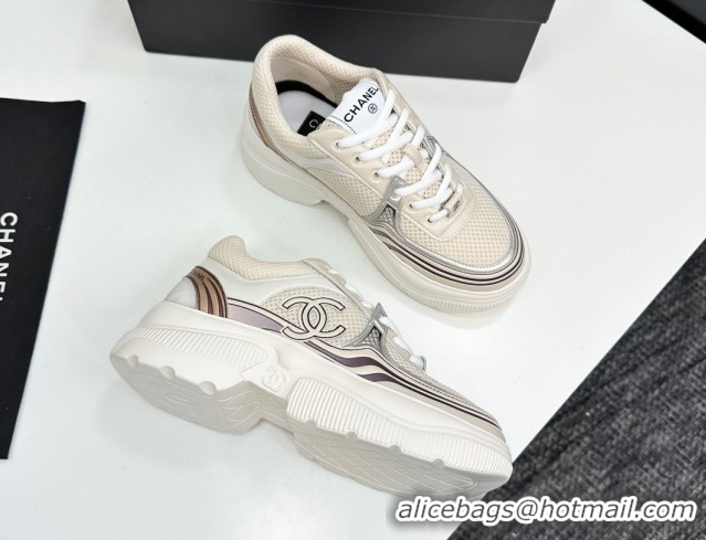 Most Popular Chanel Calfskin Leather and Mesh Platform Sneakers Beige/Silver CH110104 1101040