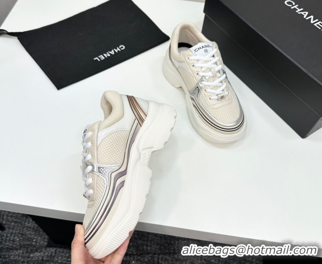 Most Popular Chanel Calfskin Leather and Mesh Platform Sneakers Beige/Silver CH110104 1101040
