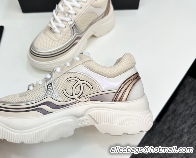 Most Popular Chanel Calfskin Leather and Mesh Platform Sneakers Beige/Silver CH110104 1101040