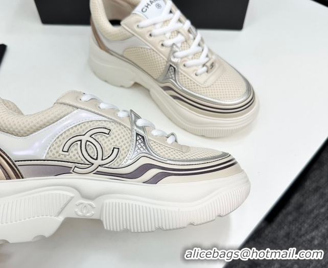 Most Popular Chanel Calfskin Leather and Mesh Platform Sneakers Beige/Silver CH110104 1101040