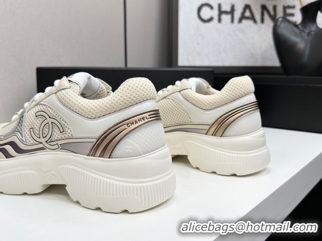 Most Popular Chanel Calfskin Leather and Mesh Platform Sneakers Beige/Silver CH110104 1101040