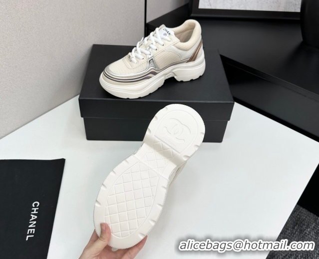 Most Popular Chanel Calfskin Leather and Mesh Platform Sneakers Beige/Silver CH110104 1101040