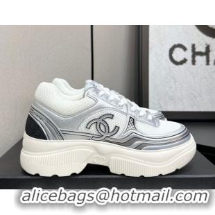 Grade Quality Chanel Calfskin Leather and Mesh Platform Sneakers White/Silver 2025 CH110104 1101042