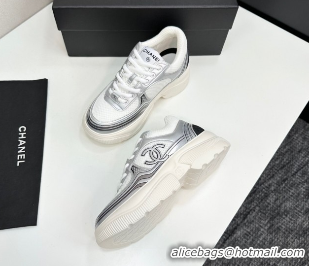 Grade Quality Chanel Calfskin Leather and Mesh Platform Sneakers White/Silver 2025 CH110104 1101042