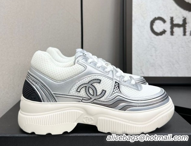 Grade Quality Chanel Calfskin Leather and Mesh Platform Sneakers White/Silver 2025 CH110104 1101042