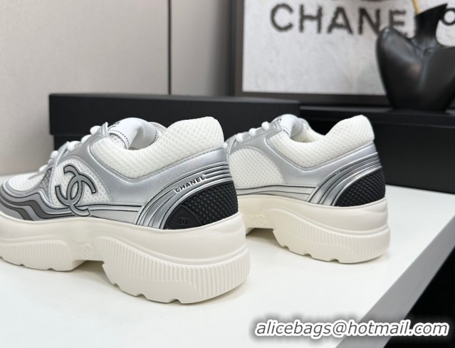 Grade Quality Chanel Calfskin Leather and Mesh Platform Sneakers White/Silver 2025 CH110104 1101042
