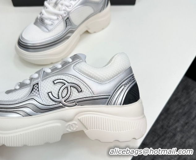 Grade Quality Chanel Calfskin Leather and Mesh Platform Sneakers White/Silver 2025 CH110104 1101042