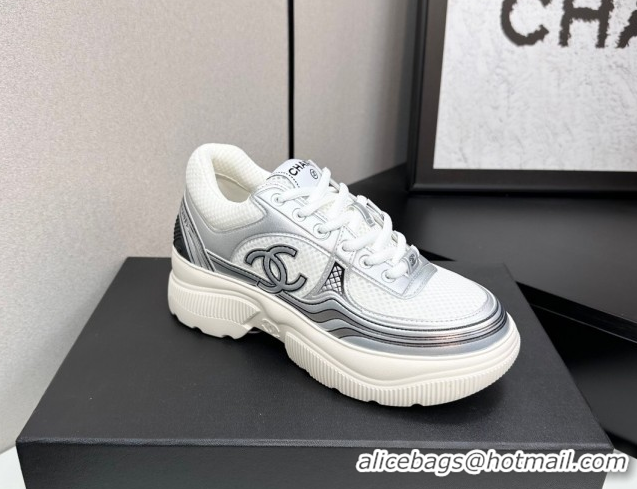 Grade Quality Chanel Calfskin Leather and Mesh Platform Sneakers White/Silver 2025 CH110104 1101042
