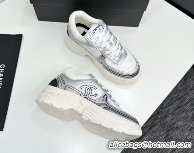 Grade Quality Chanel Calfskin Leather and Mesh Platform Sneakers White/Silver 2025 CH110104 1101042
