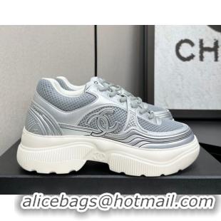 Pretty Style Chanel Calfskin Leather and Mesh Platform Sneakers Silver/Grey 2025 CH110104 1101043