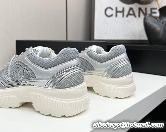 Pretty Style Chanel Calfskin Leather and Mesh Platform Sneakers Silver/Grey 2025 CH110104 1101043