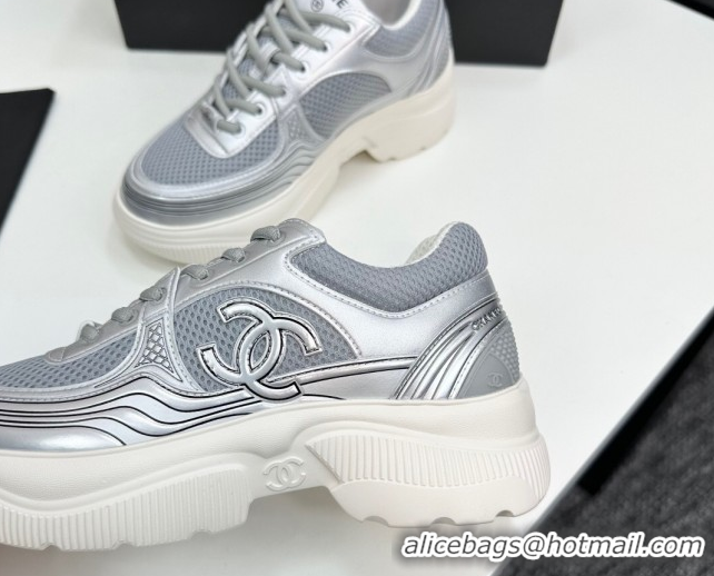 Pretty Style Chanel Calfskin Leather and Mesh Platform Sneakers Silver/Grey 2025 CH110104 1101043