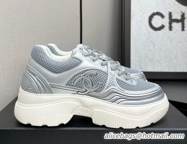 Pretty Style Chanel Calfskin Leather and Mesh Platform Sneakers Silver/Grey 2025 CH110104 1101043