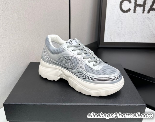 Pretty Style Chanel Calfskin Leather and Mesh Platform Sneakers Silver/Grey 2025 CH110104 1101043