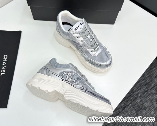 Pretty Style Chanel Calfskin Leather and Mesh Platform Sneakers Silver/Grey 2025 CH110104 1101043