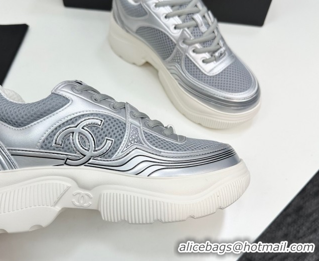Pretty Style Chanel Calfskin Leather and Mesh Platform Sneakers Silver/Grey 2025 CH110104 1101043