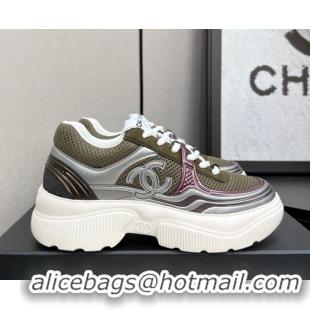 Cheap Price Chanel Calfskin Leather and Mesh Platform Sneakers Khaki Green 2025 CH110104 1101044