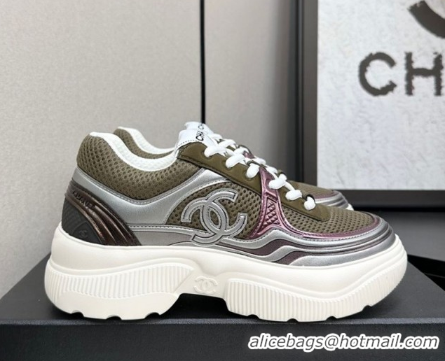 Cheap Price Chanel Calfskin Leather and Mesh Platform Sneakers Khaki Green 2025 CH110104 1101044