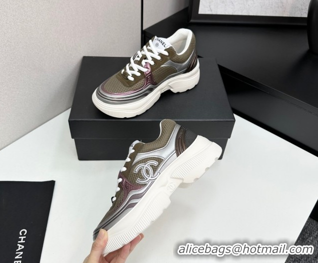 Cheap Price Chanel Calfskin Leather and Mesh Platform Sneakers Khaki Green 2025 CH110104 1101044