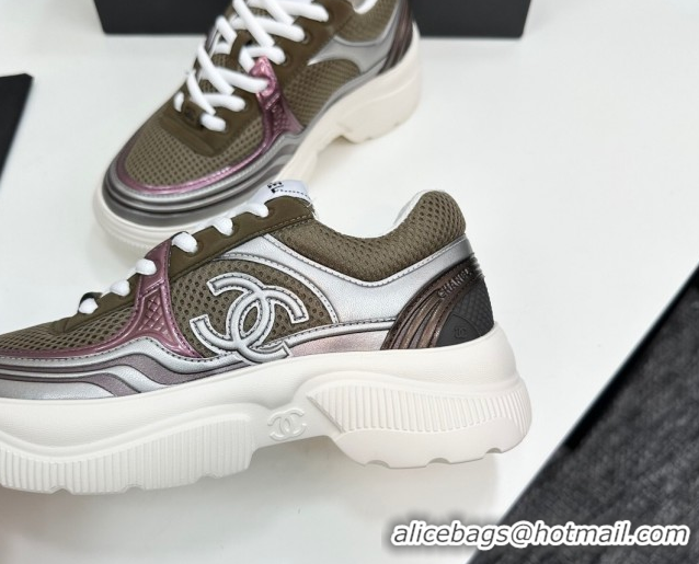 Cheap Price Chanel Calfskin Leather and Mesh Platform Sneakers Khaki Green 2025 CH110104 1101044