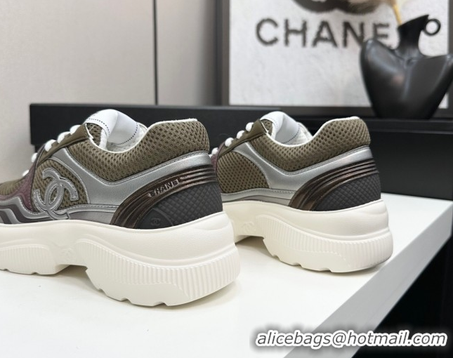 Cheap Price Chanel Calfskin Leather and Mesh Platform Sneakers Khaki Green 2025 CH110104 1101044