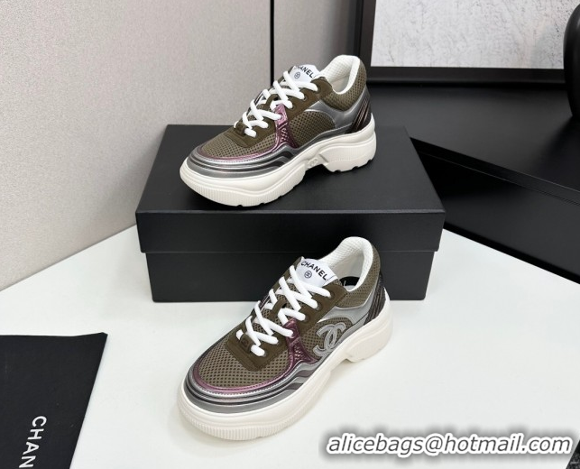 Cheap Price Chanel Calfskin Leather and Mesh Platform Sneakers Khaki Green 2025 CH110104 1101044