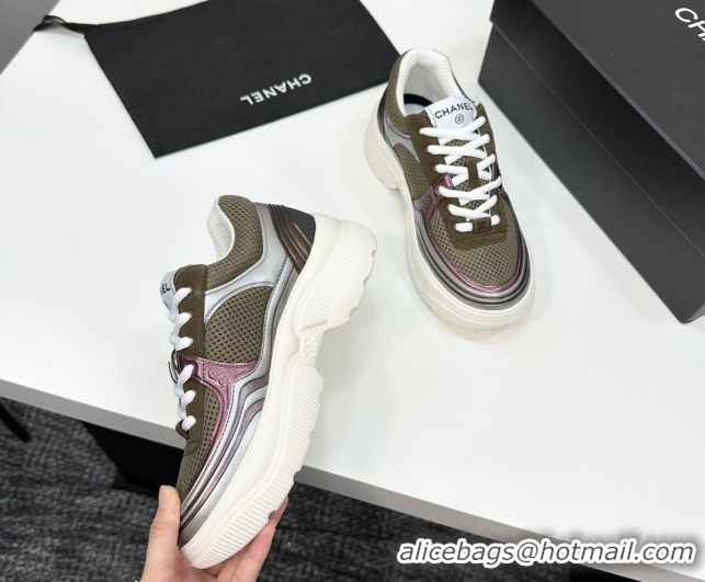 Cheap Price Chanel Calfskin Leather and Mesh Platform Sneakers Khaki Green 2025 CH110104 1101044