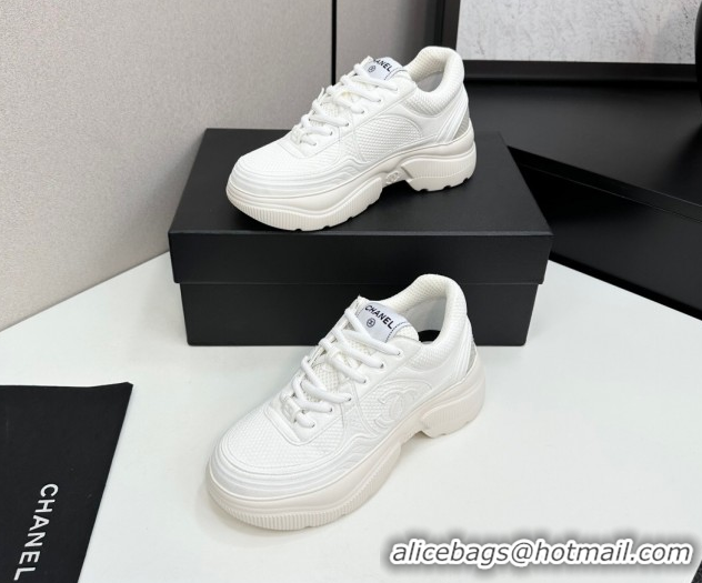Durable Chanel Calfskin Leather and Knit Platform Sneakers All White 2025 CH110104 1101045