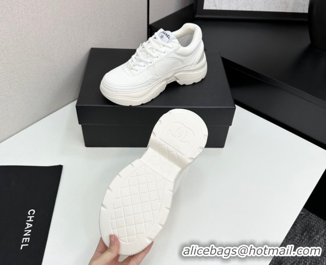 Durable Chanel Calfskin Leather and Knit Platform Sneakers All White 2025 CH110104 1101045