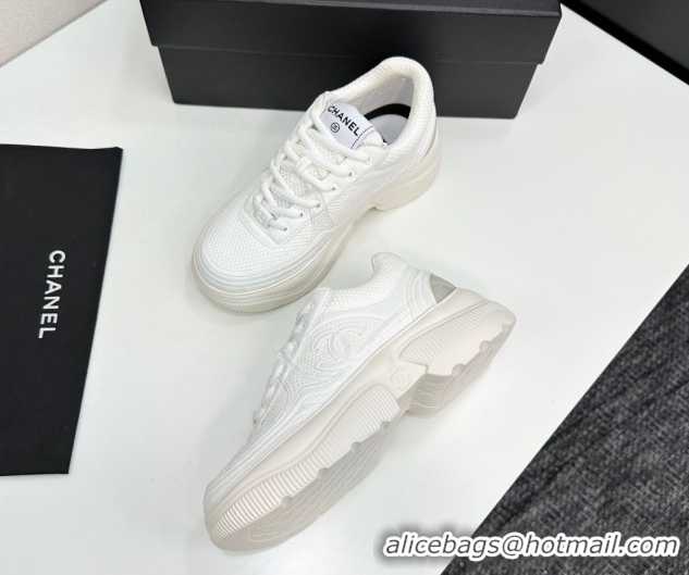 Durable Chanel Calfskin Leather and Knit Platform Sneakers All White 2025 CH110104 1101045