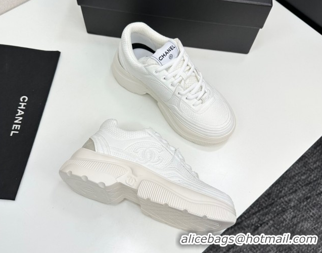 Durable Chanel Calfskin Leather and Knit Platform Sneakers All White 2025 CH110104 1101045